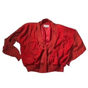 JAN FAULKNER Gold Studded Leather Jacket with knit sleeves Women's Size XL Red